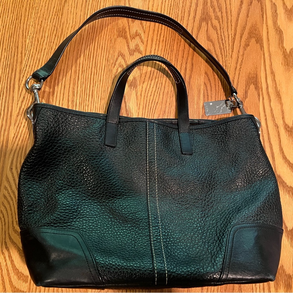 Elegant Black Leather White Stitching Coach Tote Bag